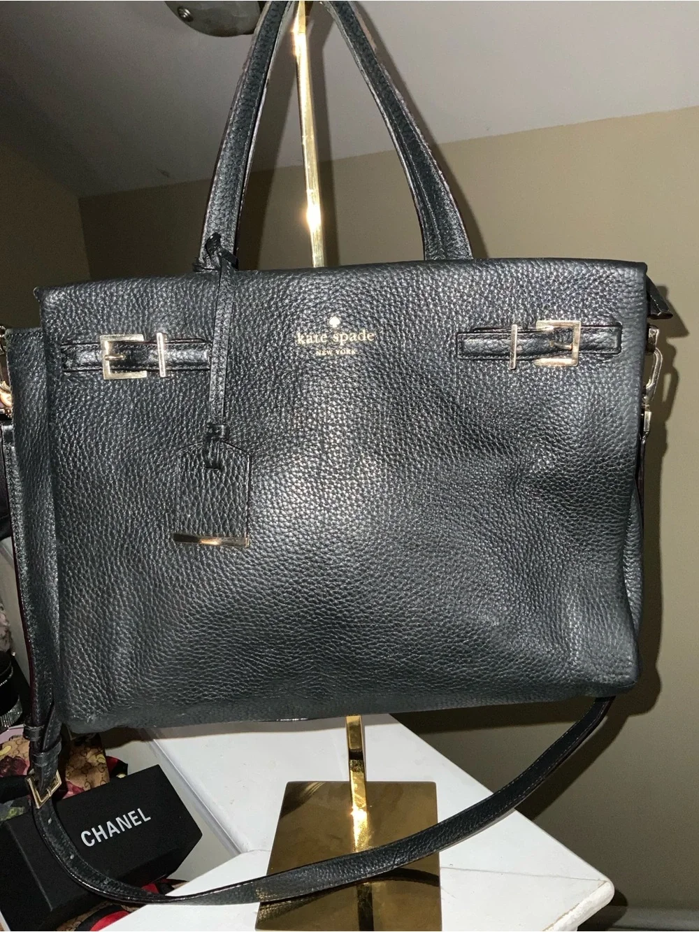 kate spade Black Pebbled Leather Satchel with Gold Hardware